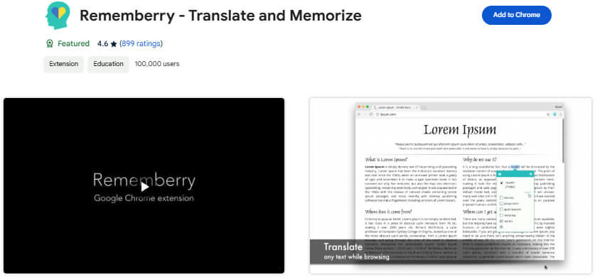 Rememberry Translate  Chrome Extension