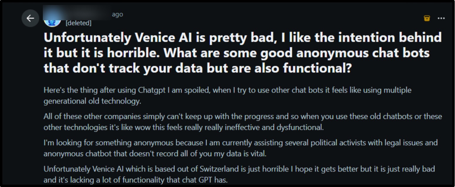  Reddit discussing  about venice ai