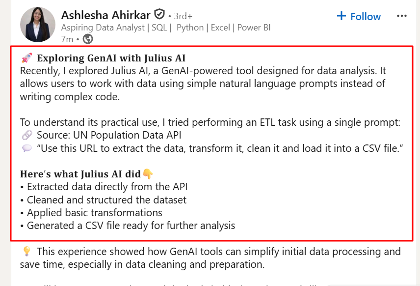 LinkedIn post where an aspiring data analyst, a user of Julius AI, has talked about it julius ai 
